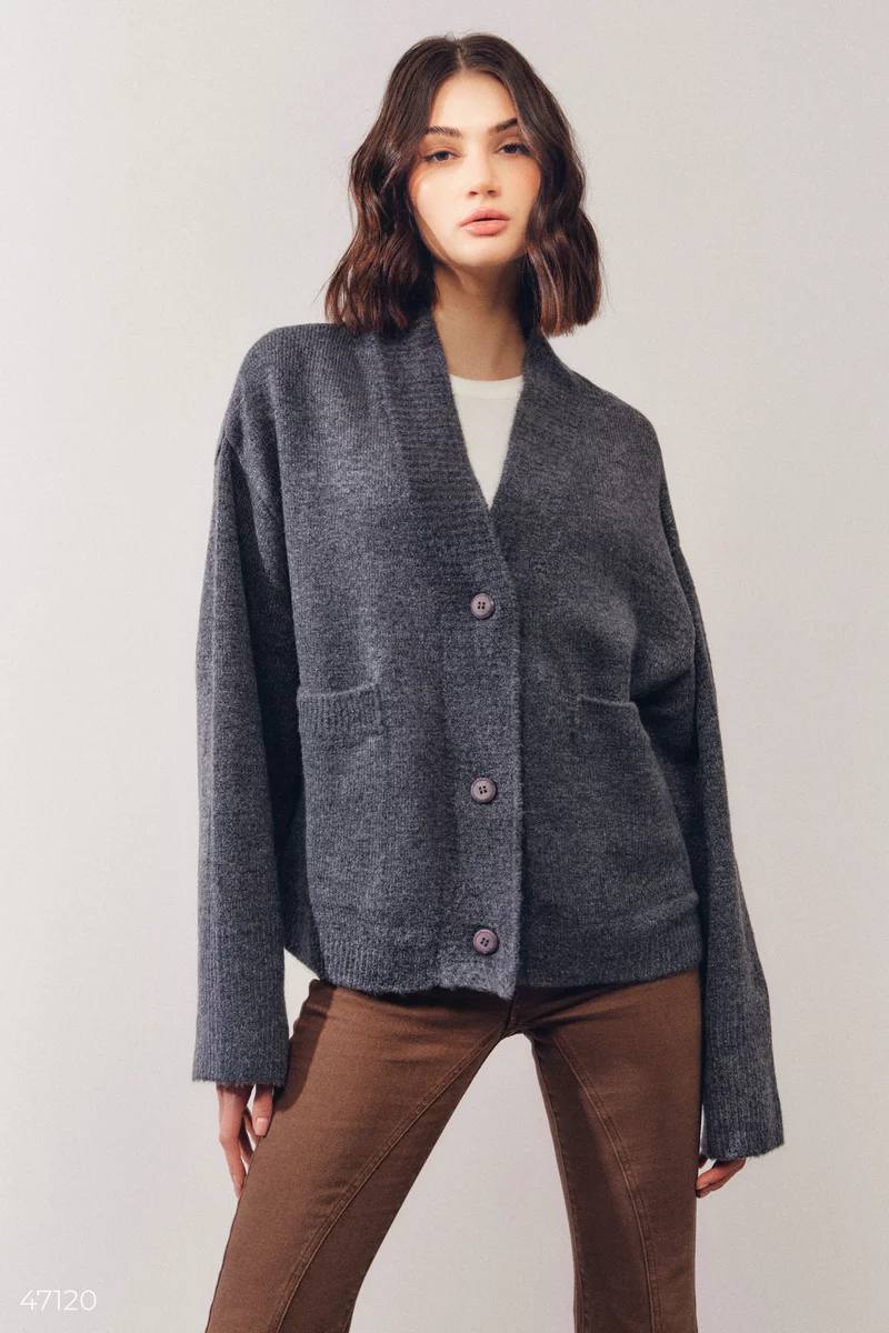 Gray knitted cardigan with pockets photo 2