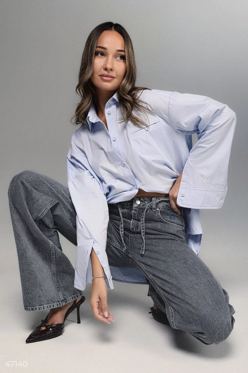 Gray wide-leg jeans with a belt photo 3