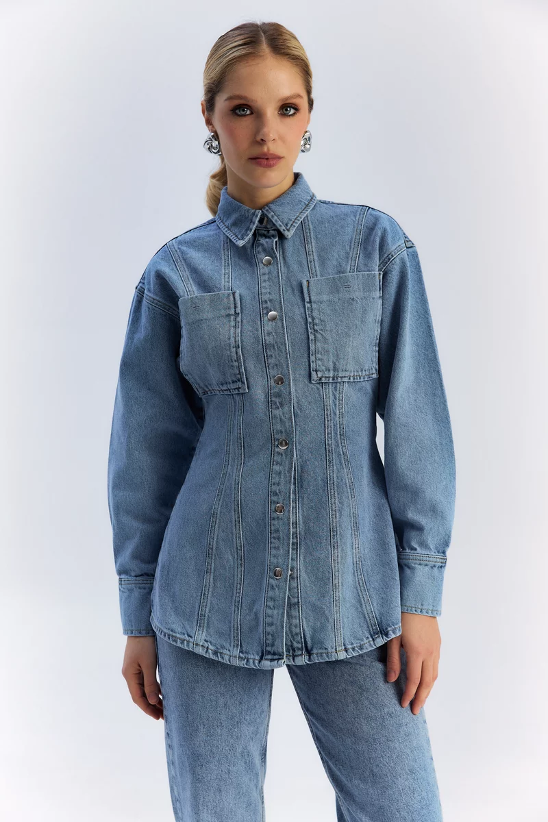 Blue long denim shirt jacket photo 1