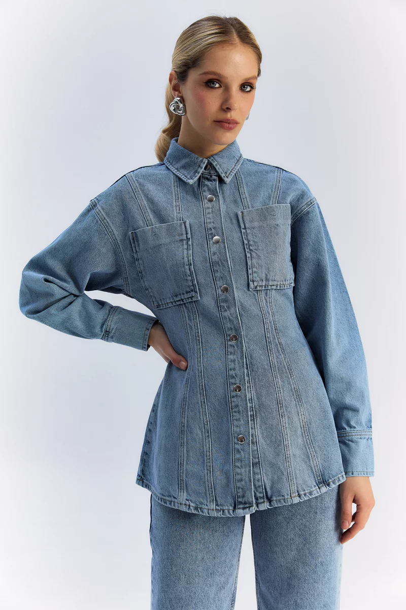 Blue long denim shirt jacket photo 2