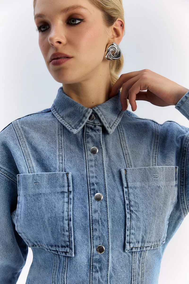 Blue long denim shirt jacket photo 4