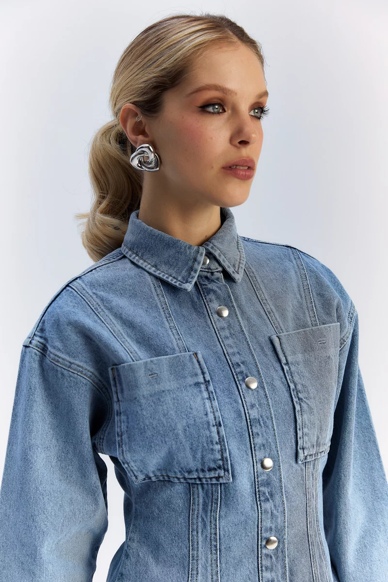 Blue long denim shirt jacket photo 5