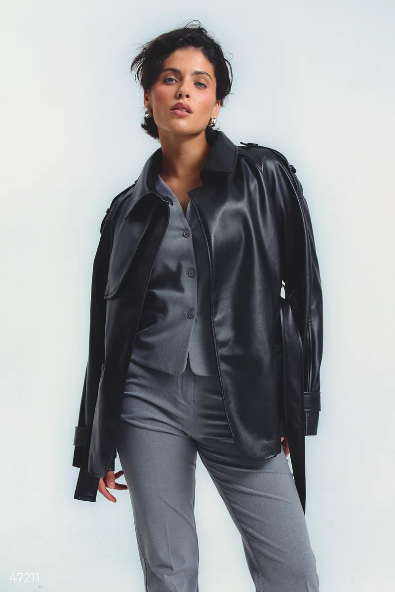 Black eco-leather trench coat with a belt photo 2