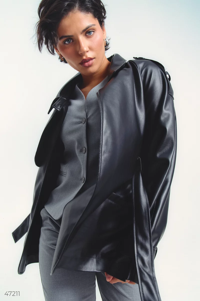 Black eco-leather trench coat with a belt photo 5