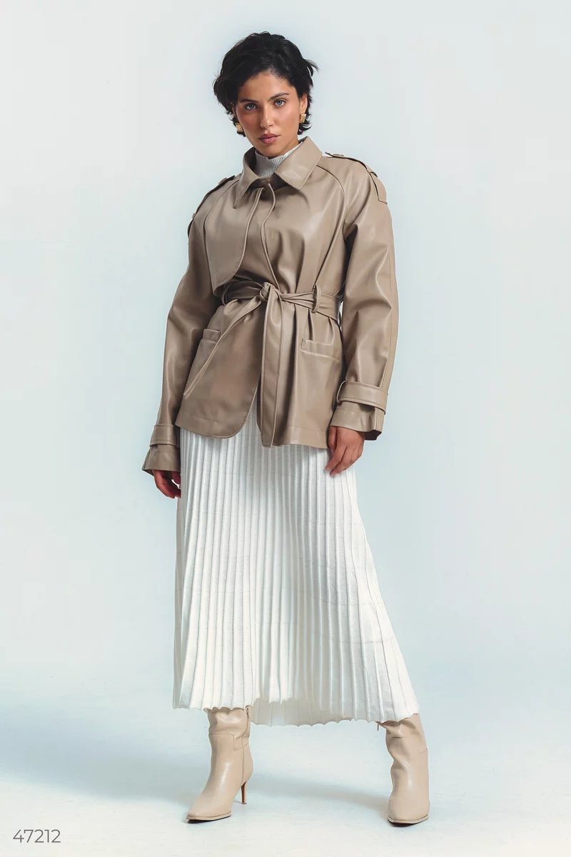 Beige eco-leather trench coat with a belt photo 2