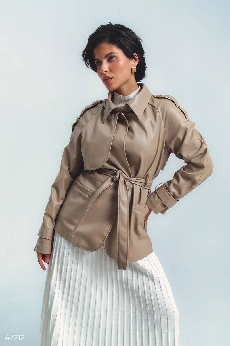 Beige eco-leather trench coat with a belt photo 4