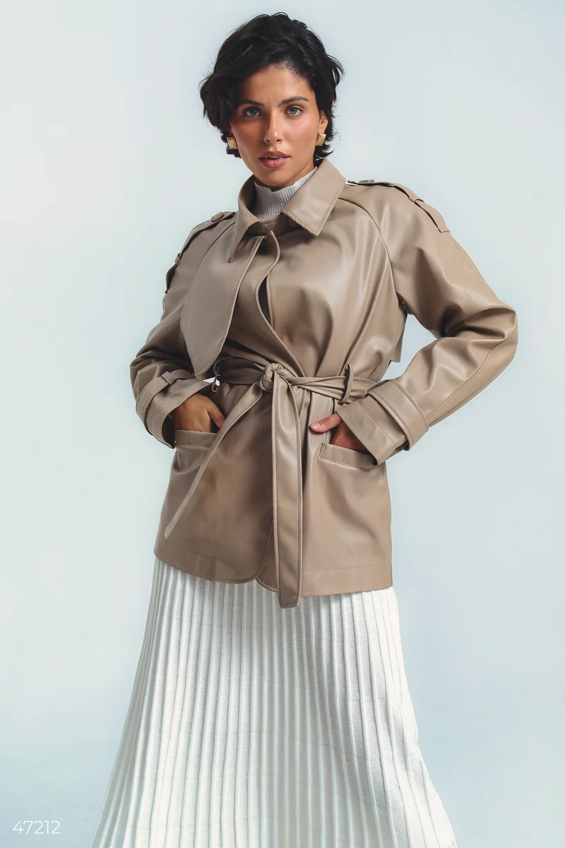 Beige eco-leather trench coat with a belt photo 5