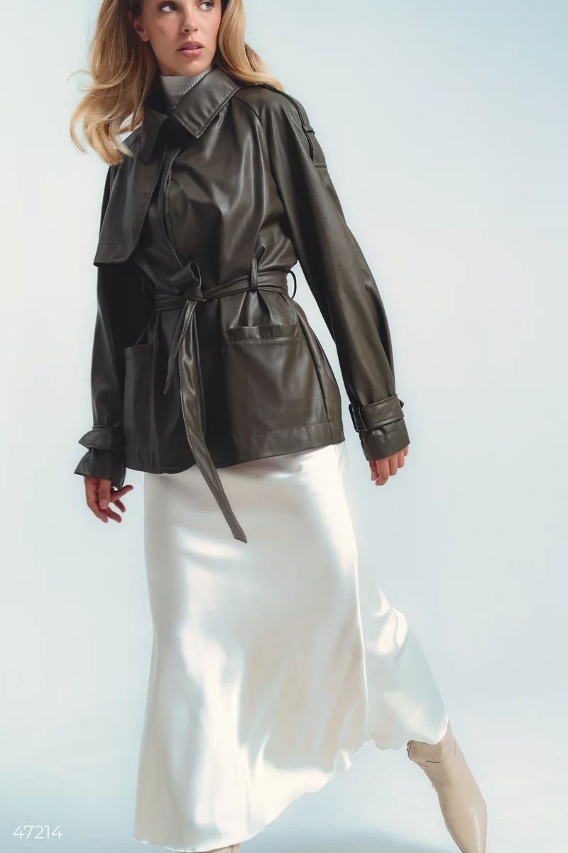 Eco-leather trench coat with khaki belt photo 1