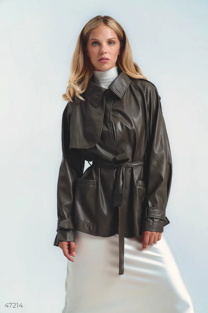 Eco-leather trench coat with khaki belt photo 3