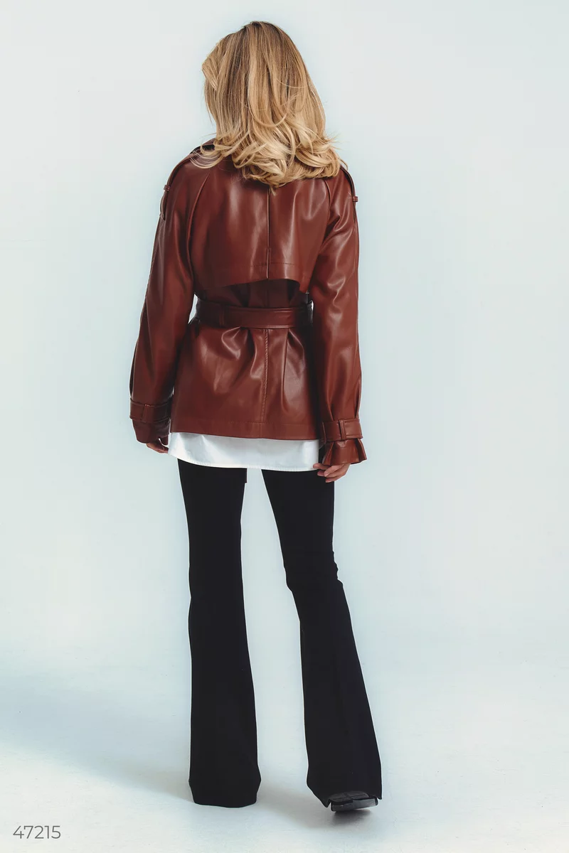 Brown faux leather trench coat with a belt photo 4