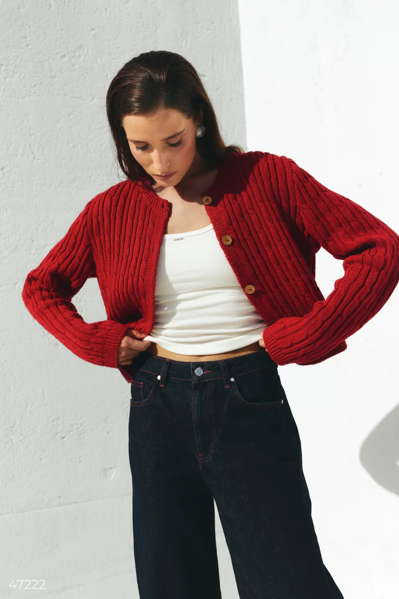 Red cardigan with a round neck photo 2