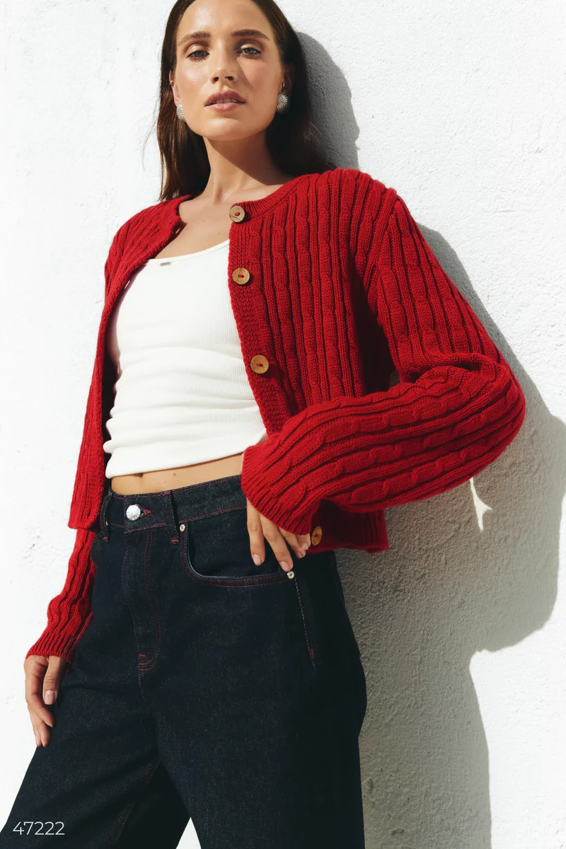 Red cardigan with a round neck photo 4