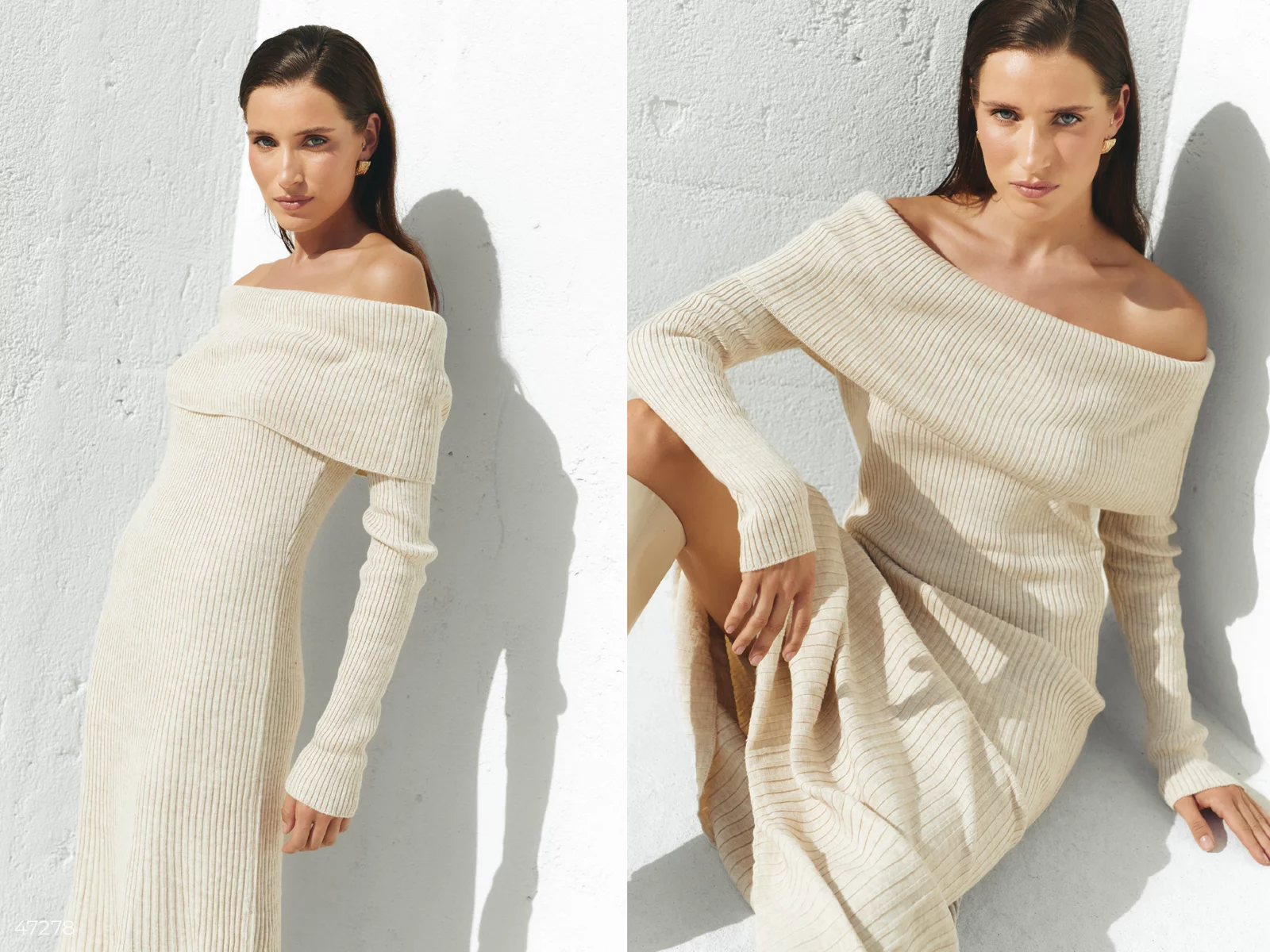 Milk knitted dress with open shoulders photo 1