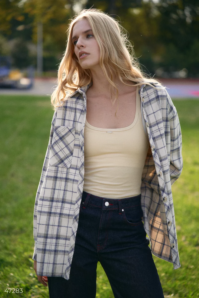 Beige plaid shirt oversize with slits photo 3