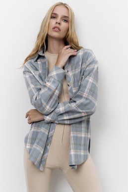 Beige plaid shirt oversize with slits photo 2