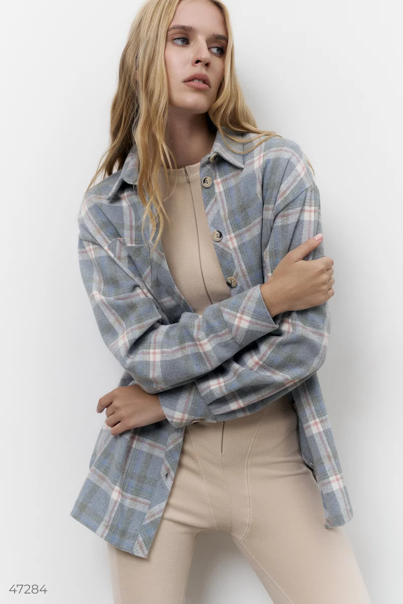 Oversized blue plaid shirt with slits photo 5