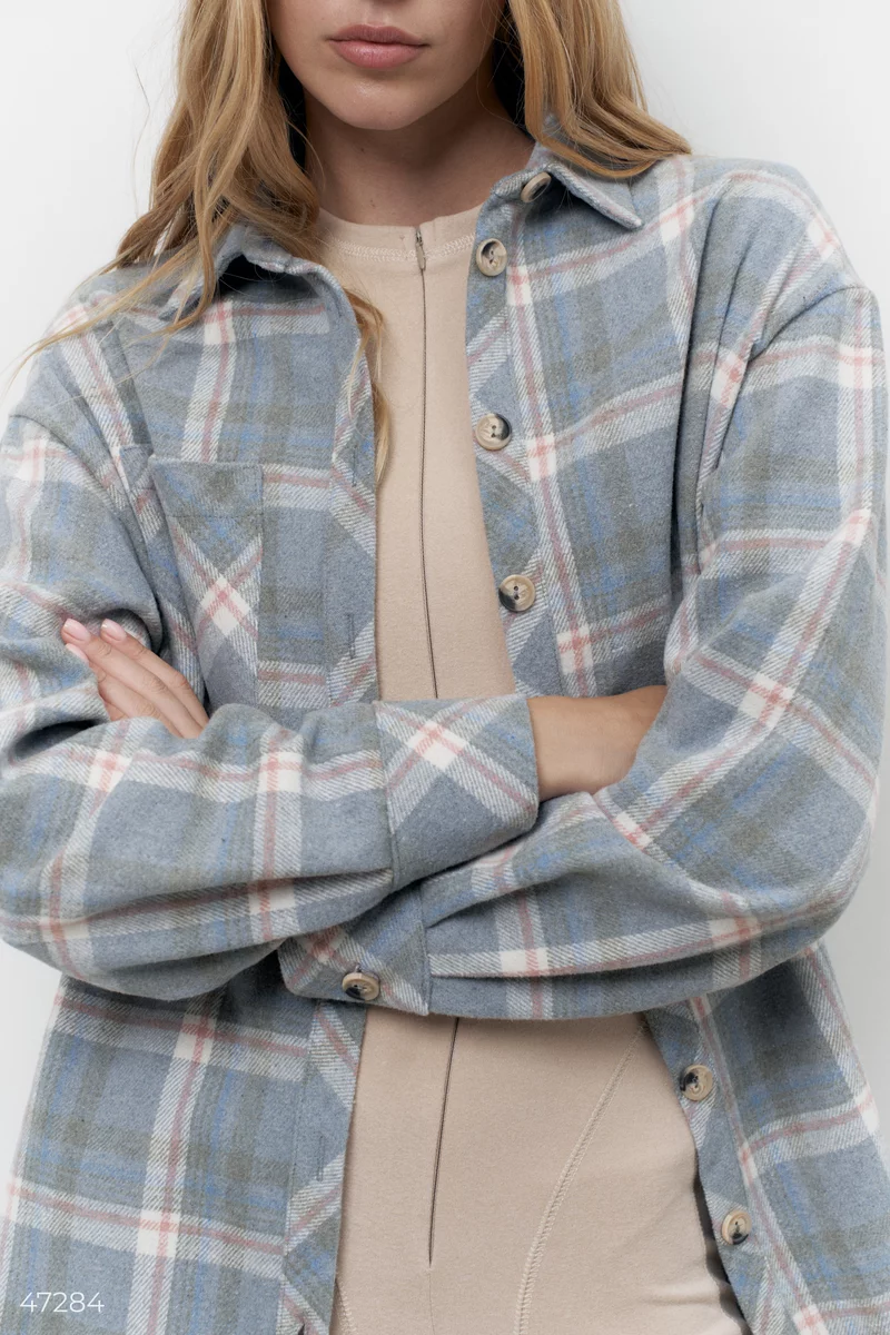 Oversized blue plaid shirt with slits photo 3