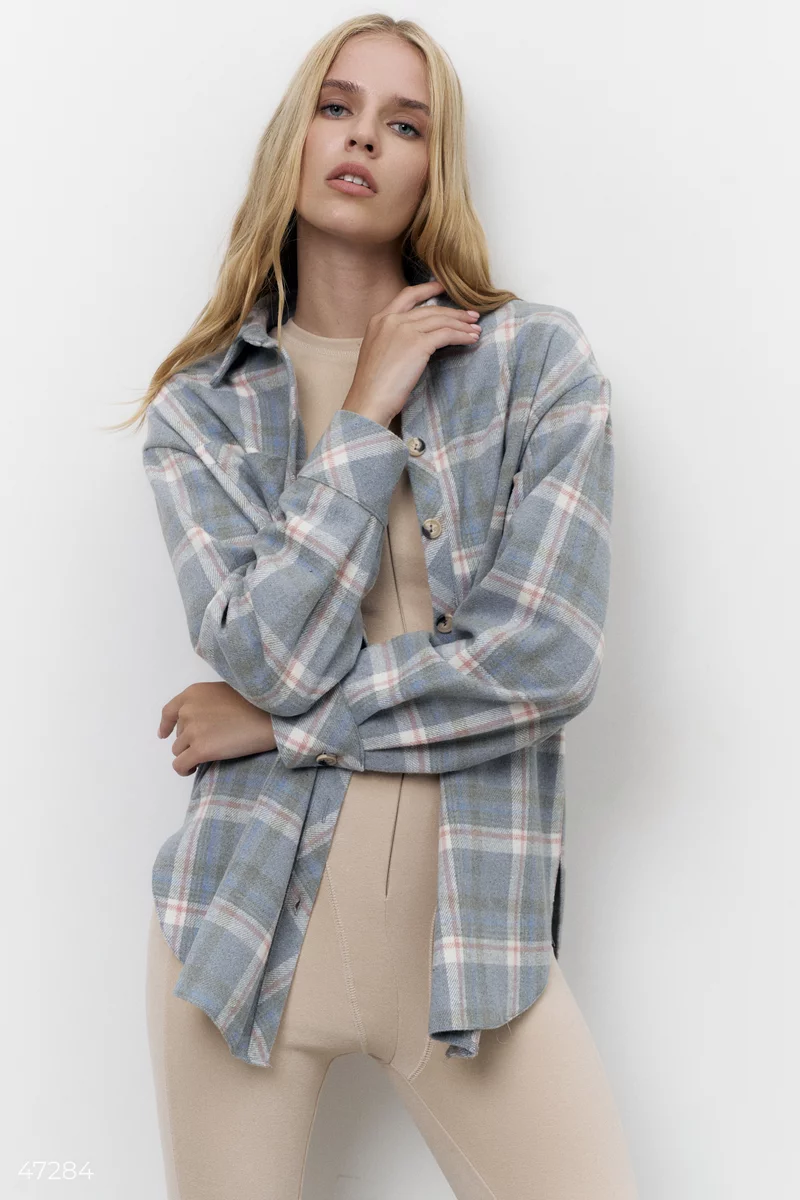 Oversized blue plaid shirt with slits photo 1