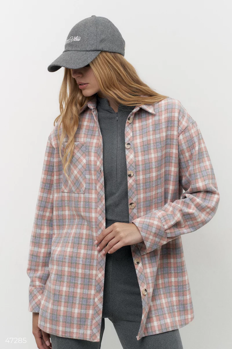 Oversized pink plaid shirt with slits photo 3