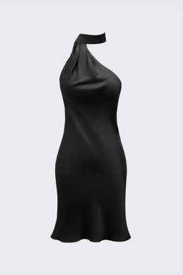 Black satin dress with an asymmetrical bodice