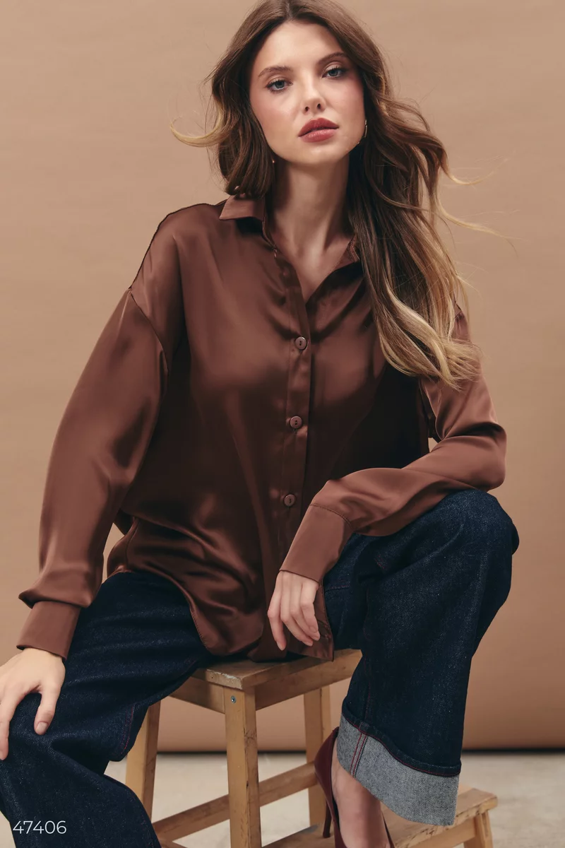 Brown silk blouse with turn-down collar photo 1