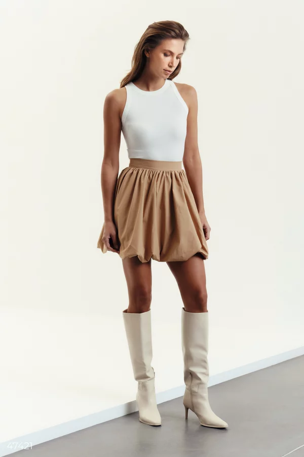 ★overdue flair★ BALLOON MICRO MINI SKIRT_BEIGE CHECK Metallic Balloon Mini Skirt – Bold & Chic Statement Piece