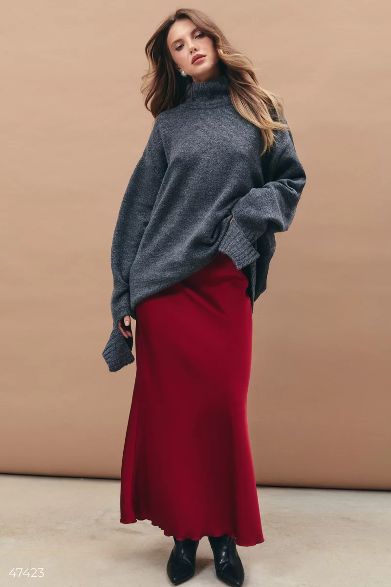 Long burgundy satin skirt photo 3