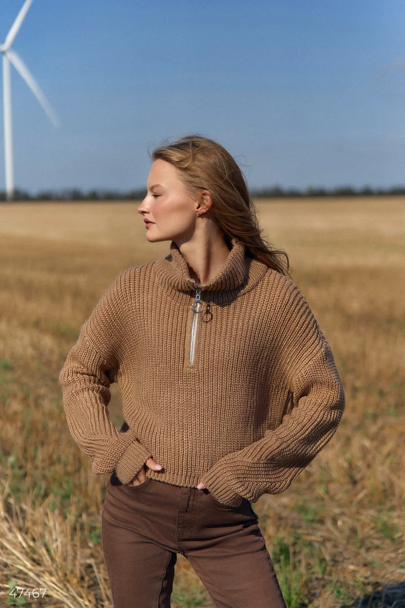 Beige crop sweater with zipper photo 1