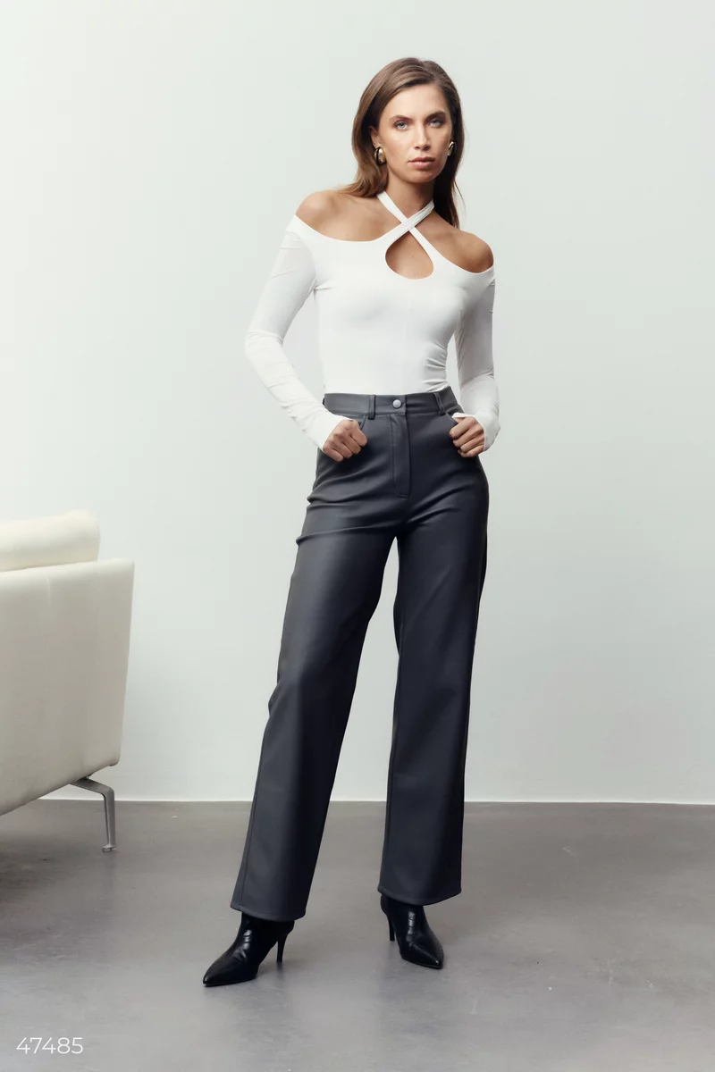 Gray straight-cut pants made of eco-leather photo 1