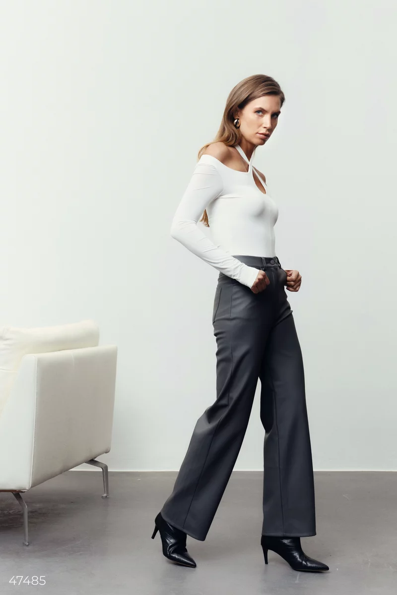 Gray straight-cut pants made of eco-leather photo 3