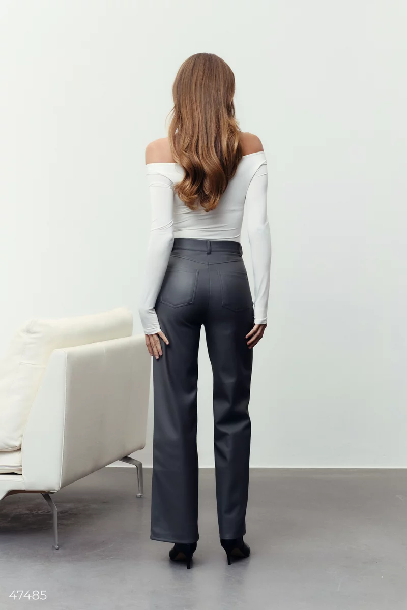 Gray straight-cut pants made of eco-leather photo 4