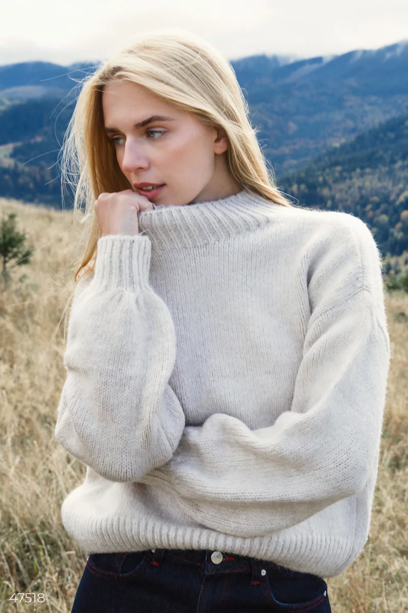 Oversized beige sweater with stand-up collar photo 4