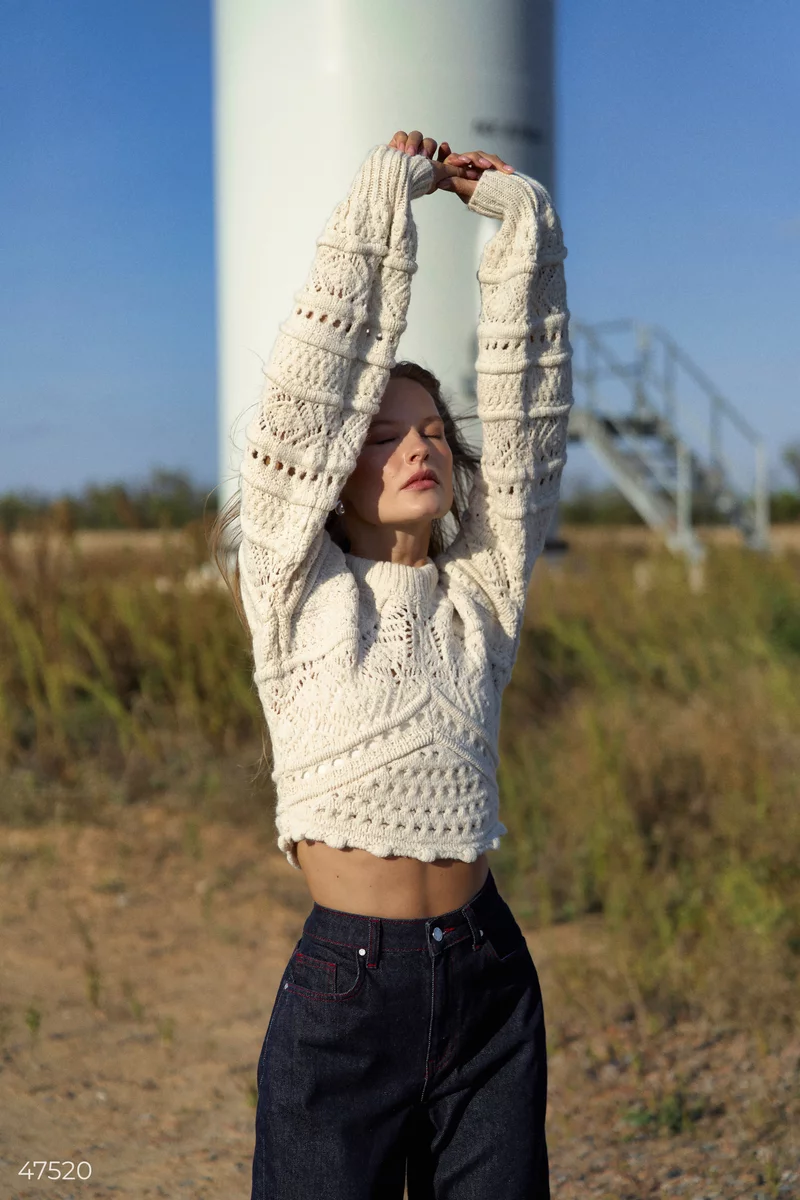 Beige crop sweater with textured knit photo 1