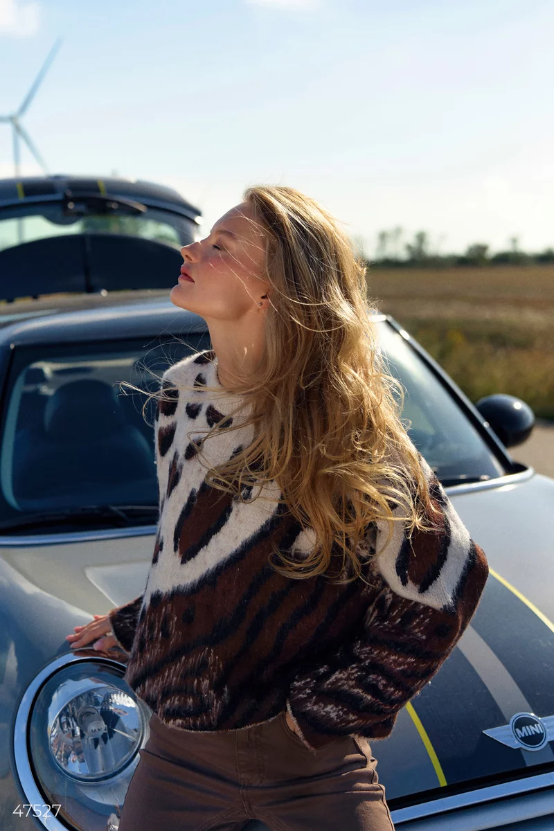 Brown oversized sweater with animal print photo 1