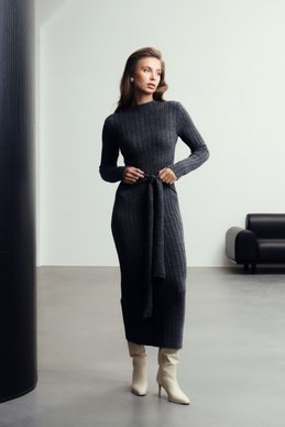 Black knitted maxi dress with a tie photo 3