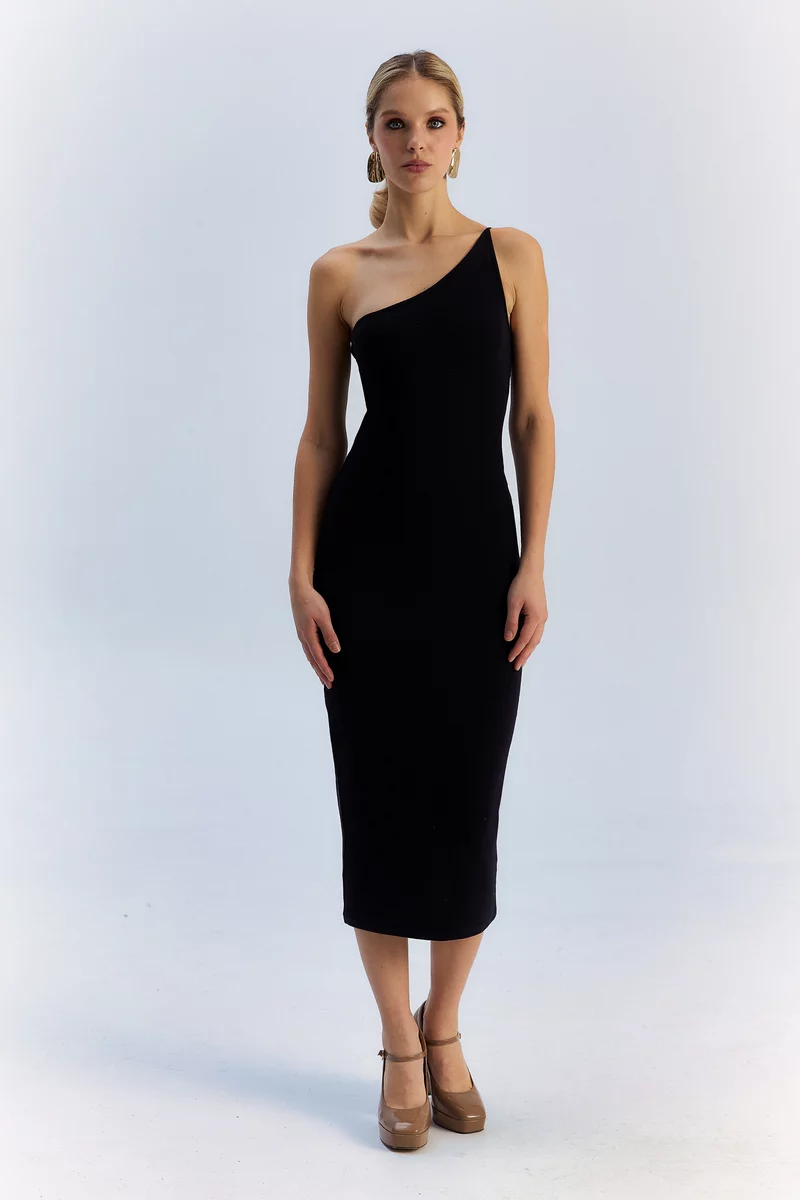 Black ribbed knit midi dress photo 1