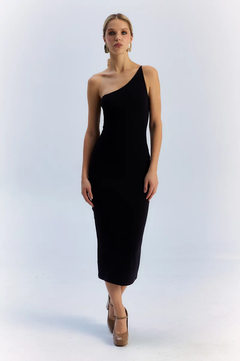 Black ribbed knit midi dress photo 3