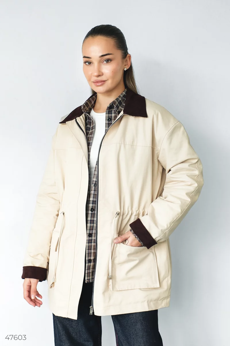 Beige demi-season jacket with corduroy collar photo 1