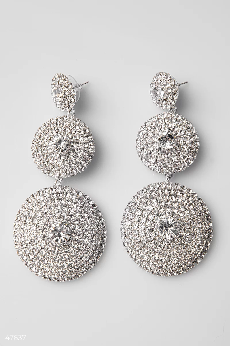 Round silver earrings with rhinestones photo 2