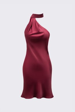 Satin dress with an asymmetric bodice in a shade of burgundy
