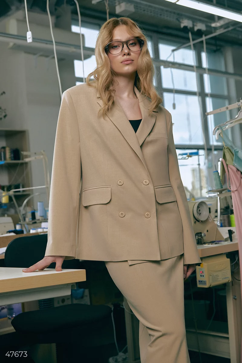 Beige double-breasted straight-cut jacket photo 1