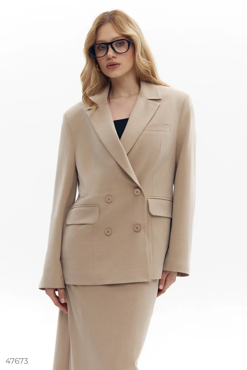 Beige double-breasted straight-cut jacket photo 2