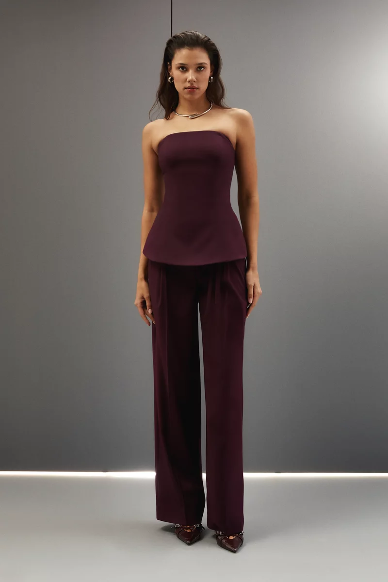 Burgundy double-belted palazzo pants photo 2