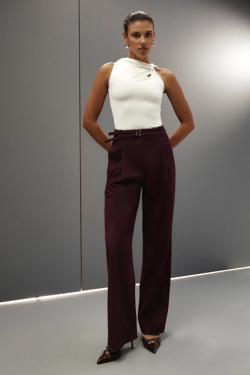 Burgundy double-belted palazzo pants photo 3