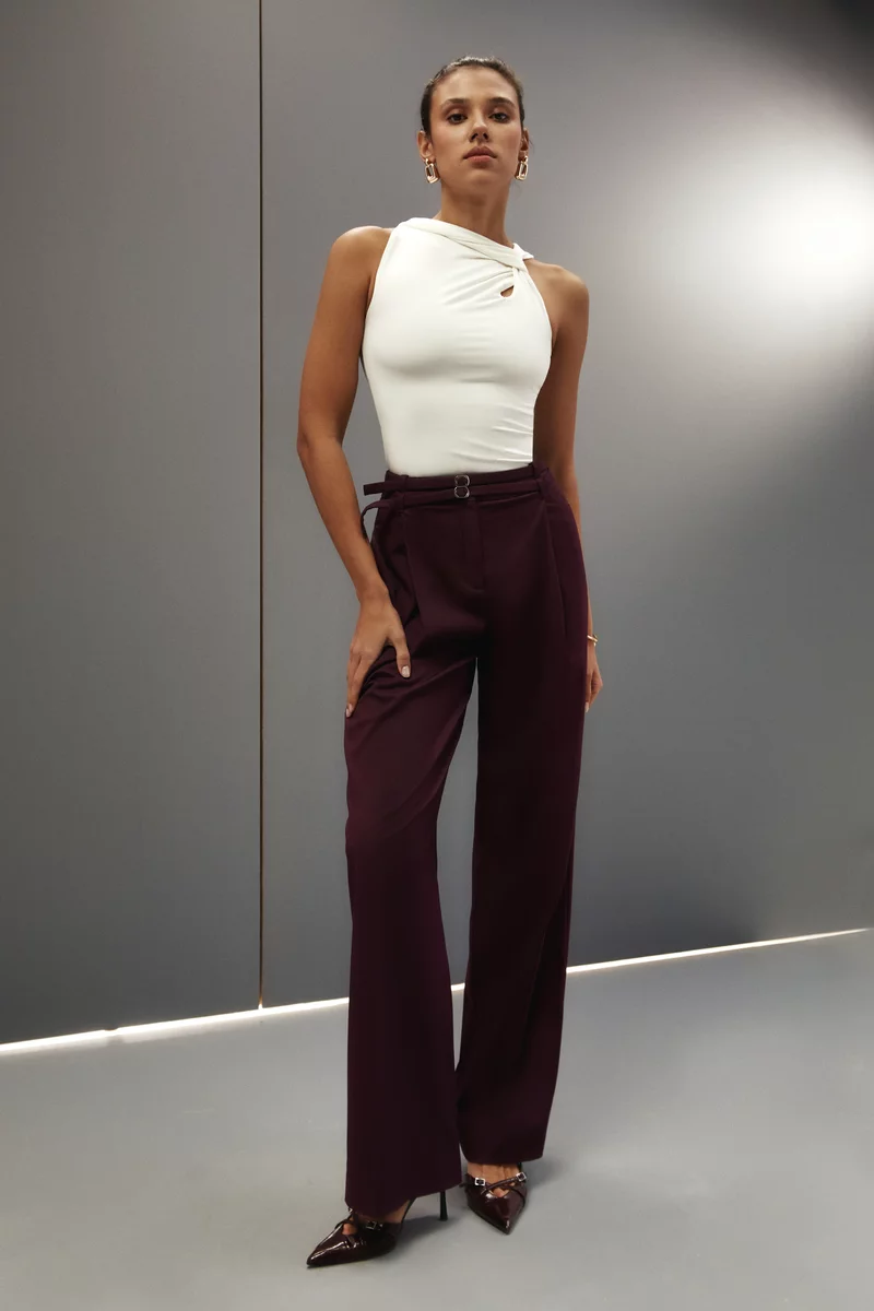 Burgundy double-belted palazzo pants photo 4