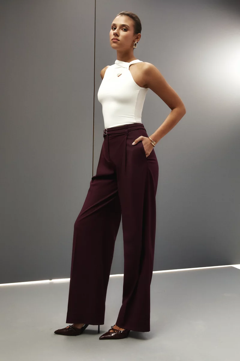 Burgundy double-belted palazzo pants photo 5