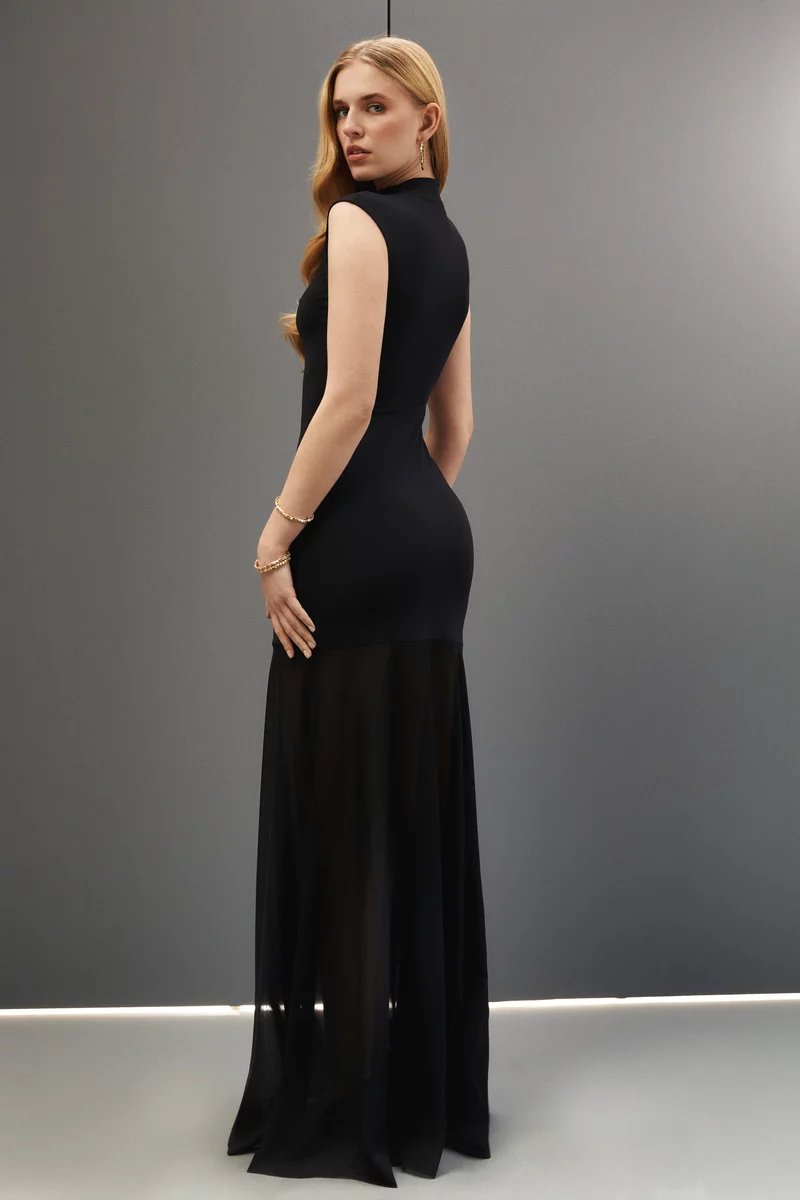 Black maxi dress with mesh skirt photo 5