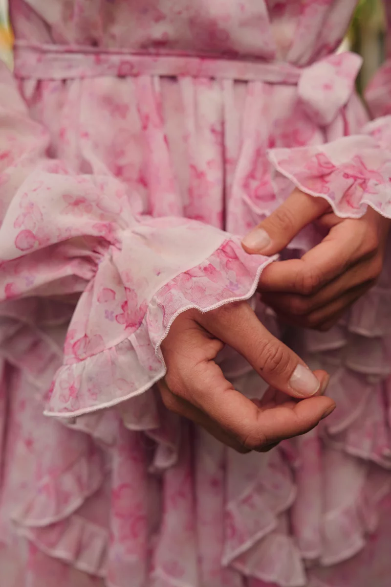 Pink chiffon mini dress with watercolor print photo 5