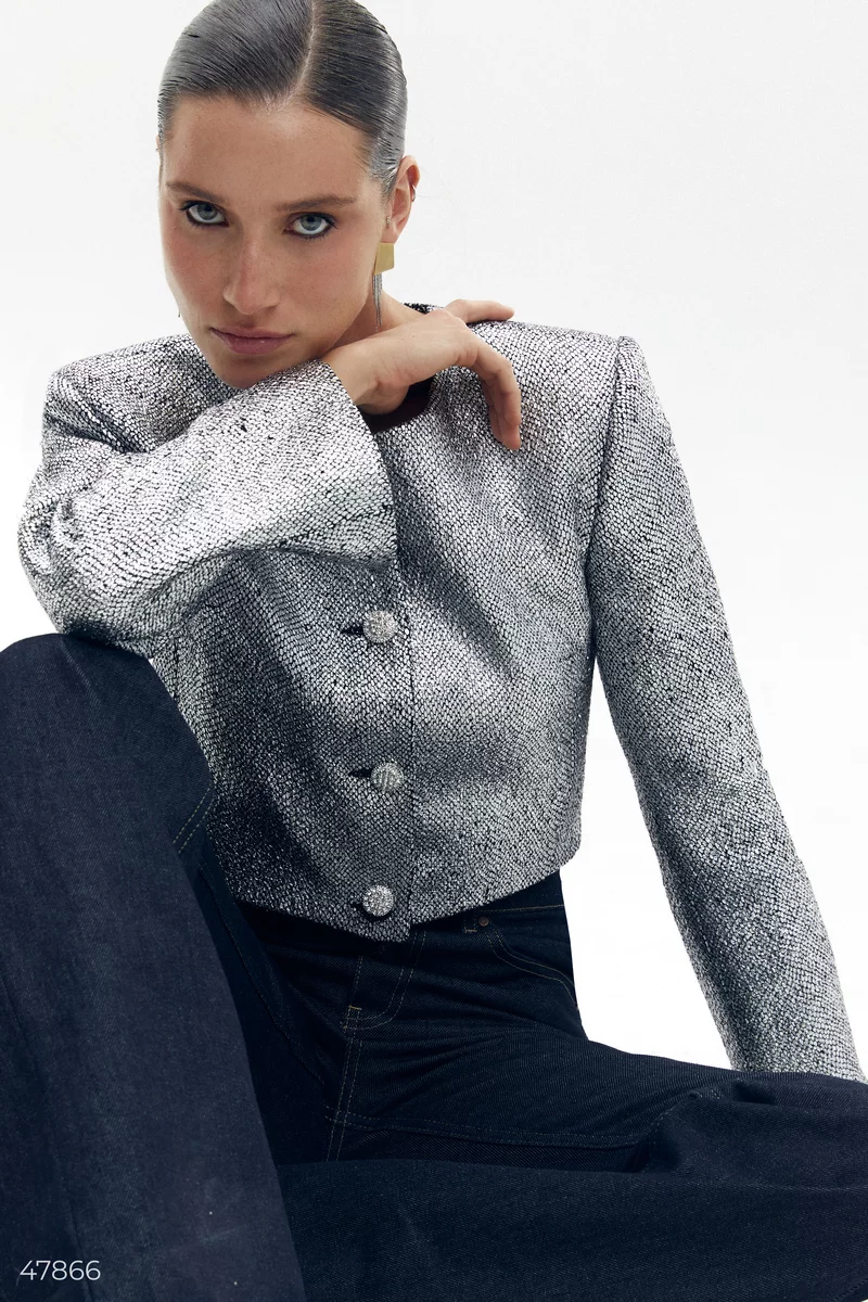 Silver bouclé crop jacket photo 2