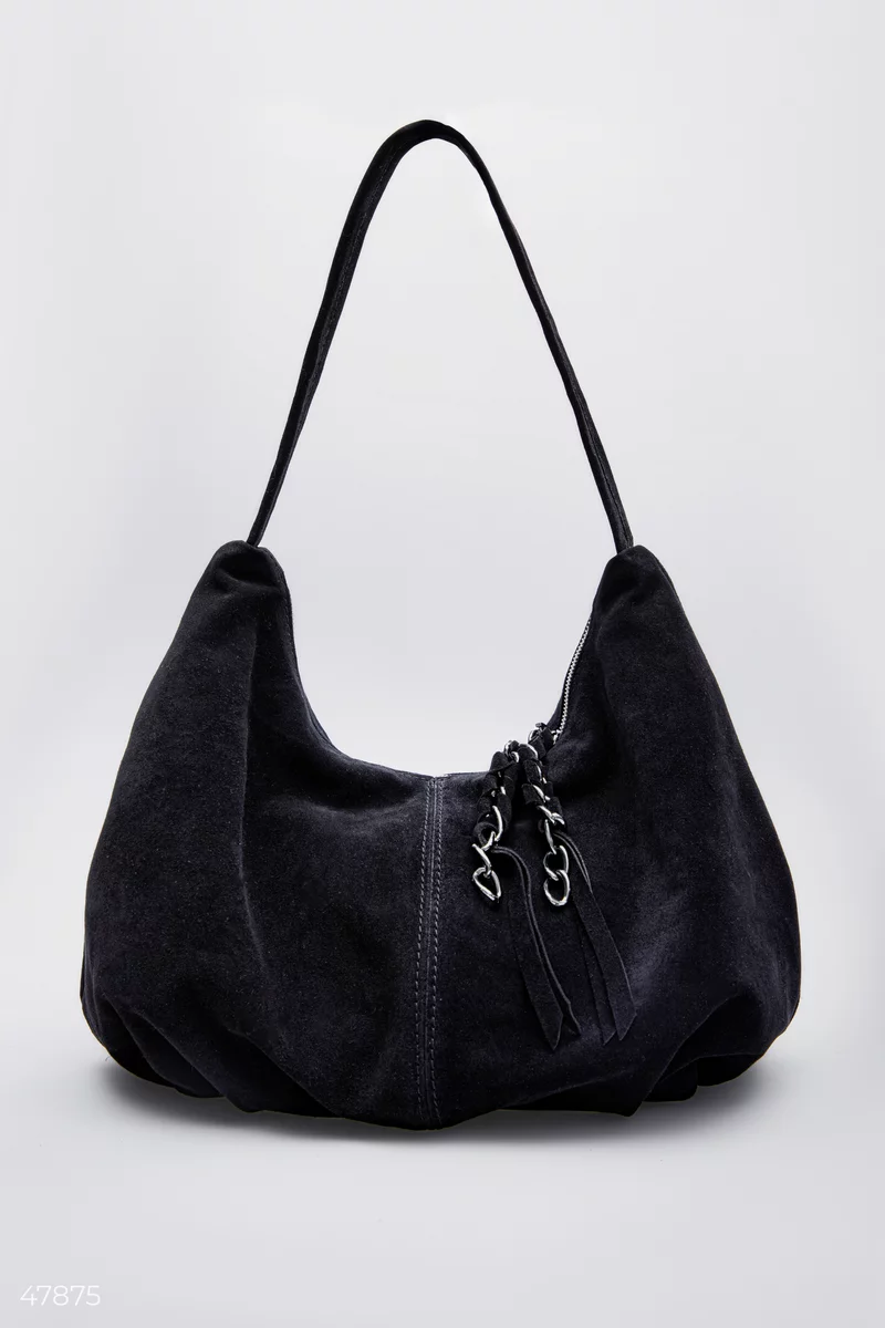 Black voluminous bag made of natural suede photo 1